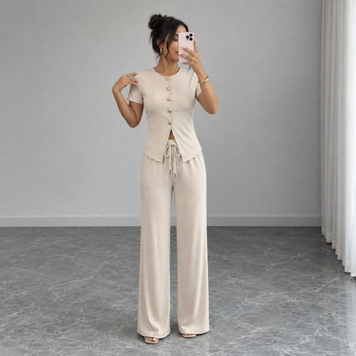 2 Piece Button Front Split Hem Top & Wide Leg Trouser Set