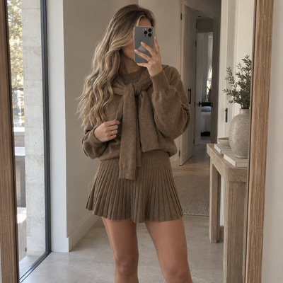 Cozy Knit Tie-Neck Sweater & Skirt Set