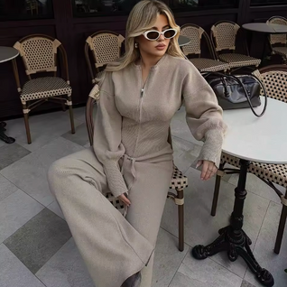 Knitted Zipper Top & Straight Pants Two-Piece Set