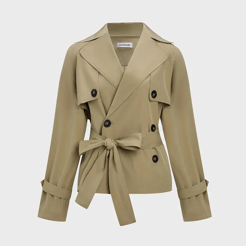 Women's Notch Lapel Double Breasted Waist Tie Trench Coat