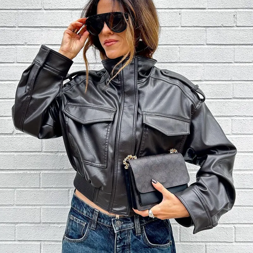 Women's Faux Leather Fitted Bomber Moto Biker Coat