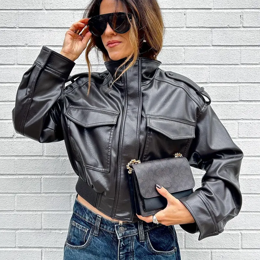 Women's Faux Leather Fitted Bomber Moto Biker Coat