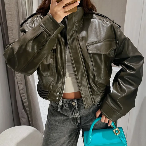 Women's Faux Leather Fitted Bomber Moto Biker Coat